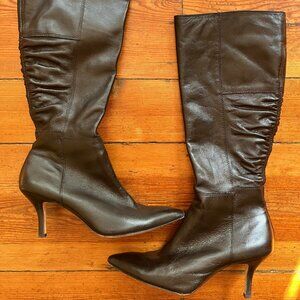 Leather Black Knee Boot- Pointed Toe
